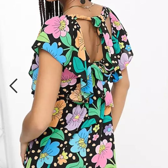 NWT ASOS DESIGN open back frill sleeve mini dress in black floral spot print - Picture 3 of 4